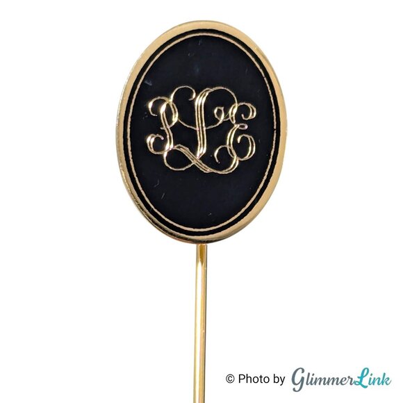 Vintage Monogram Stick Pin – Black and Gold Tone Lapel Pin with PLE Initials - Picture 1 of 10